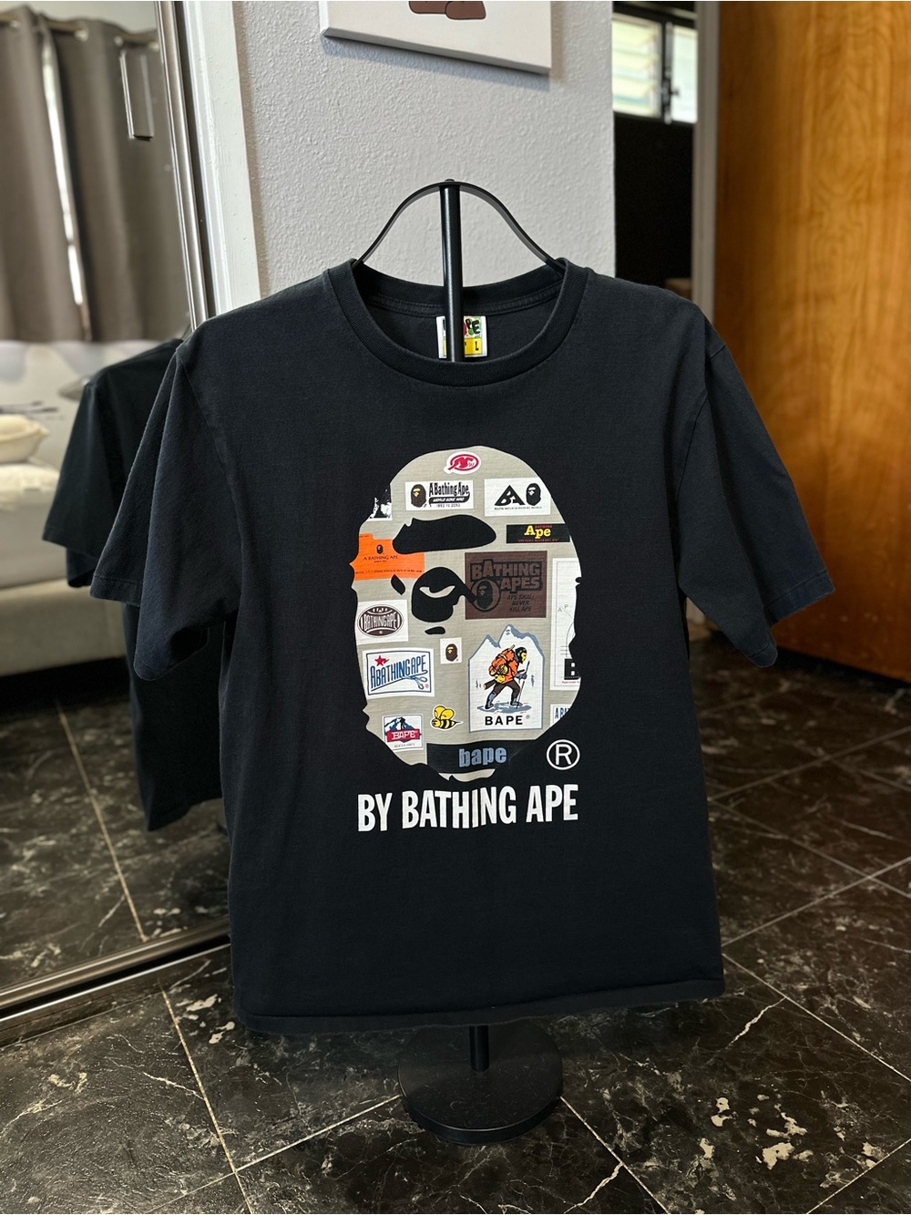 Bape Black Crewneck Tee with Beige Collage Graphic